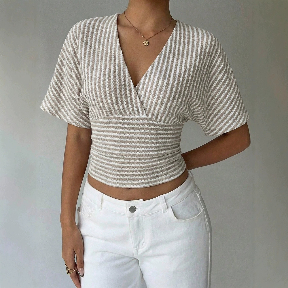 Zara Batwing Sleeve Slim Short Knit Top Striped Waist